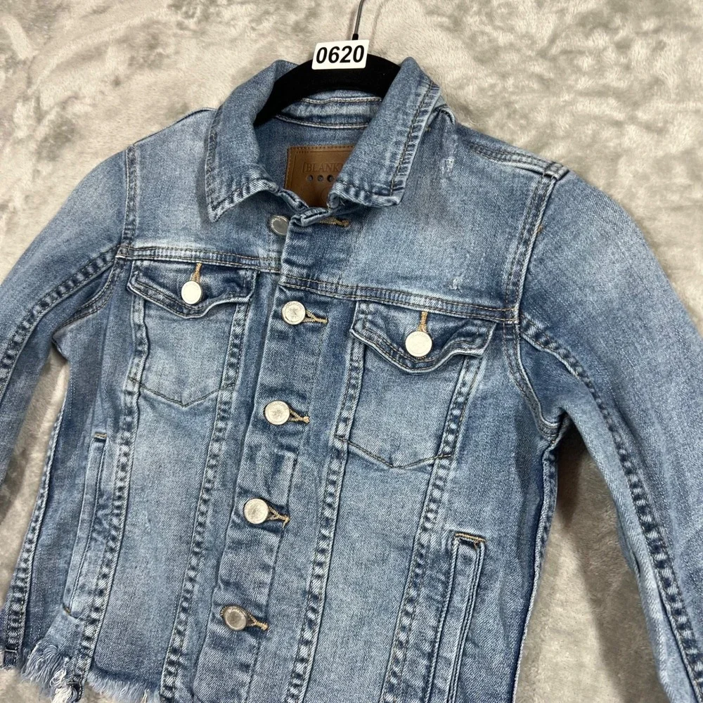 Blank NYC Cropped Blue Denim Jean Trucker Jacket Distressed Raw Hem Size S Youth